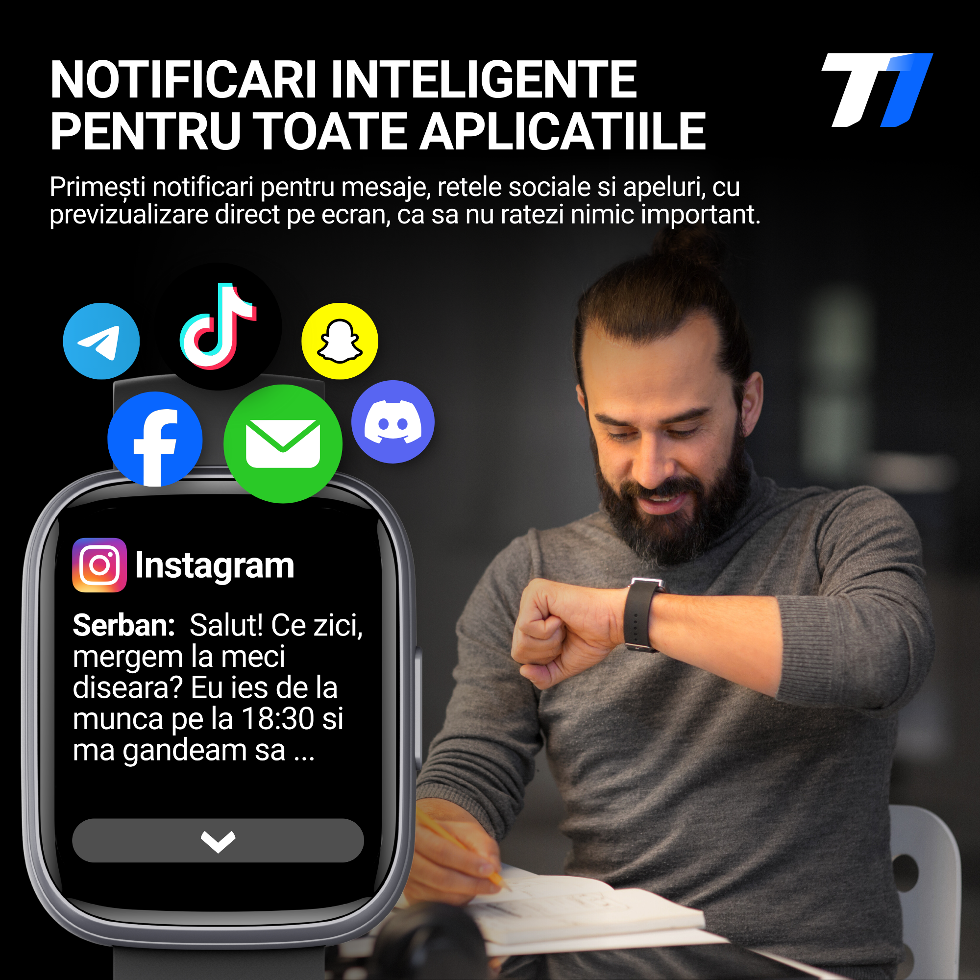 Ceas Smartwatch Barbati TechONE CardioX Elite, Negru