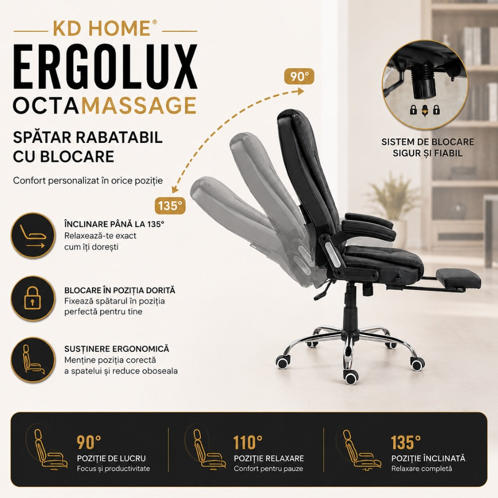 Scaun de Birou Directorial Cu Masaj KD Home Ergolux OctaMassage, Negru