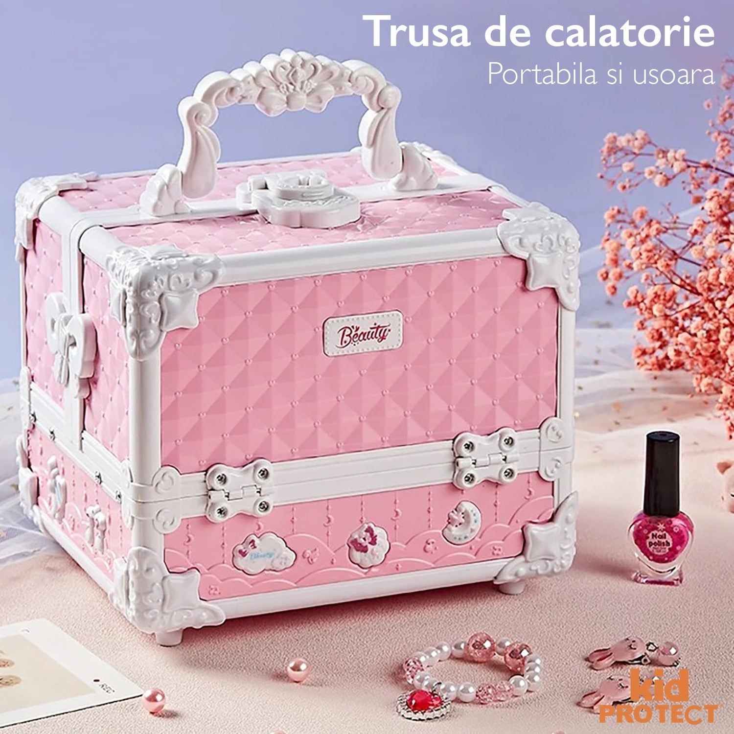 Trusa Machiaj Copii Kidprotect® Make Up Doll, Roz