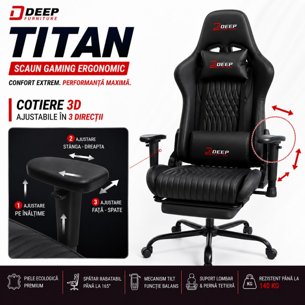 Scaun Gaming Ergonomic KD Home Deep Titan, Negru