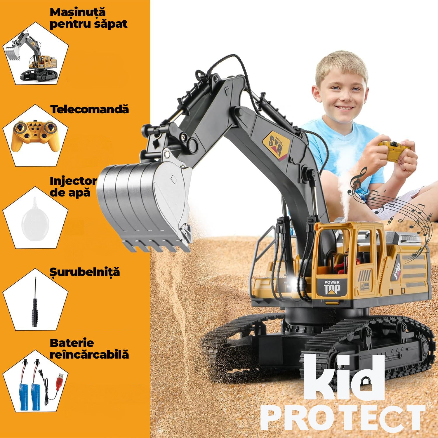 Excavator Super Realist Cu Telecomanda Pentru Copii KidProtect Digger Pro RC