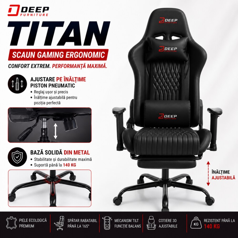 Scaun Gaming Ergonomic KD Home Deep Titan, Negru
