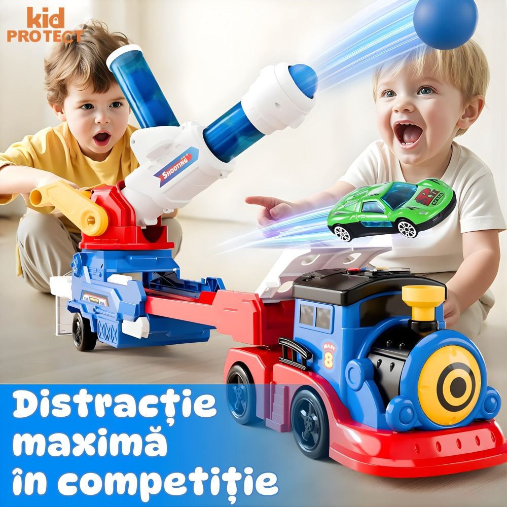 Set Tren cu Remorca Camion De Jucarie Lansator Masinute si Bile Pentru Copii Transport, KidProtect Train Puncher