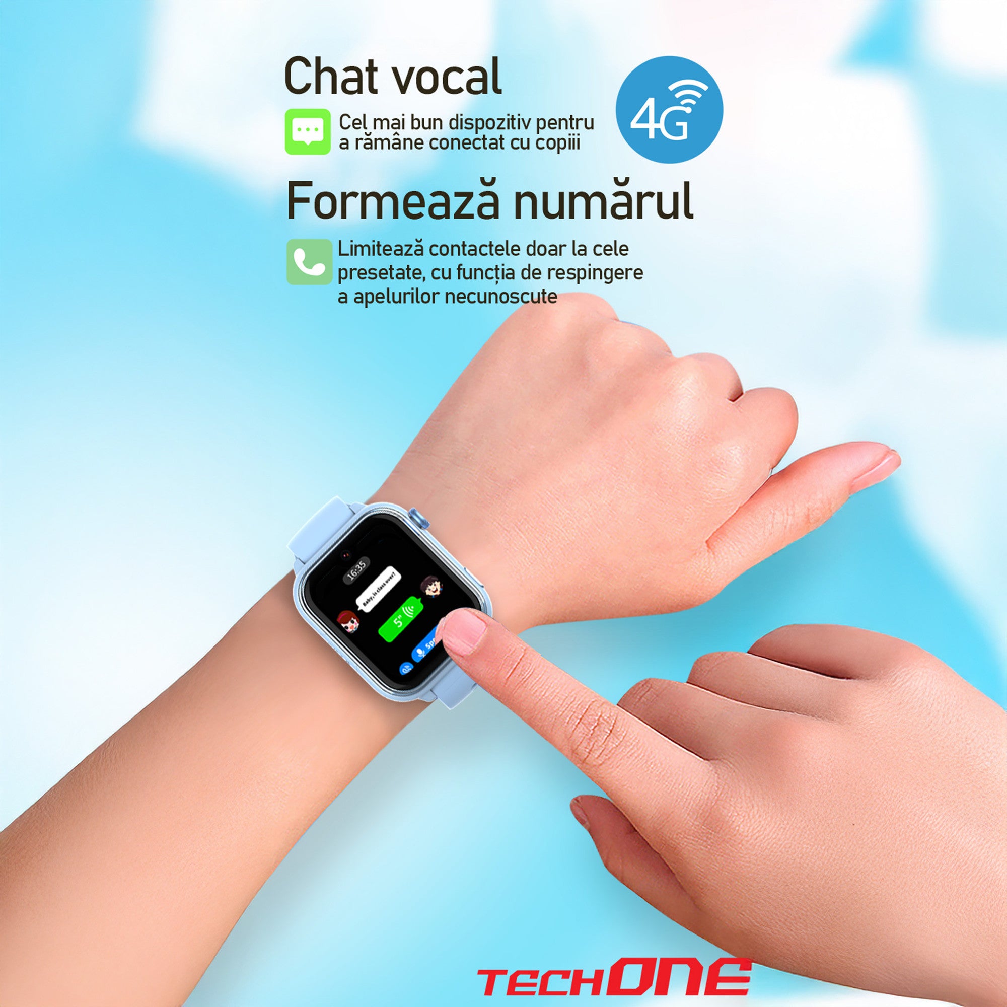 Ceas Smartwatch GPS Copii Cu Localizare Si Telefon Techone KT37, Albastru