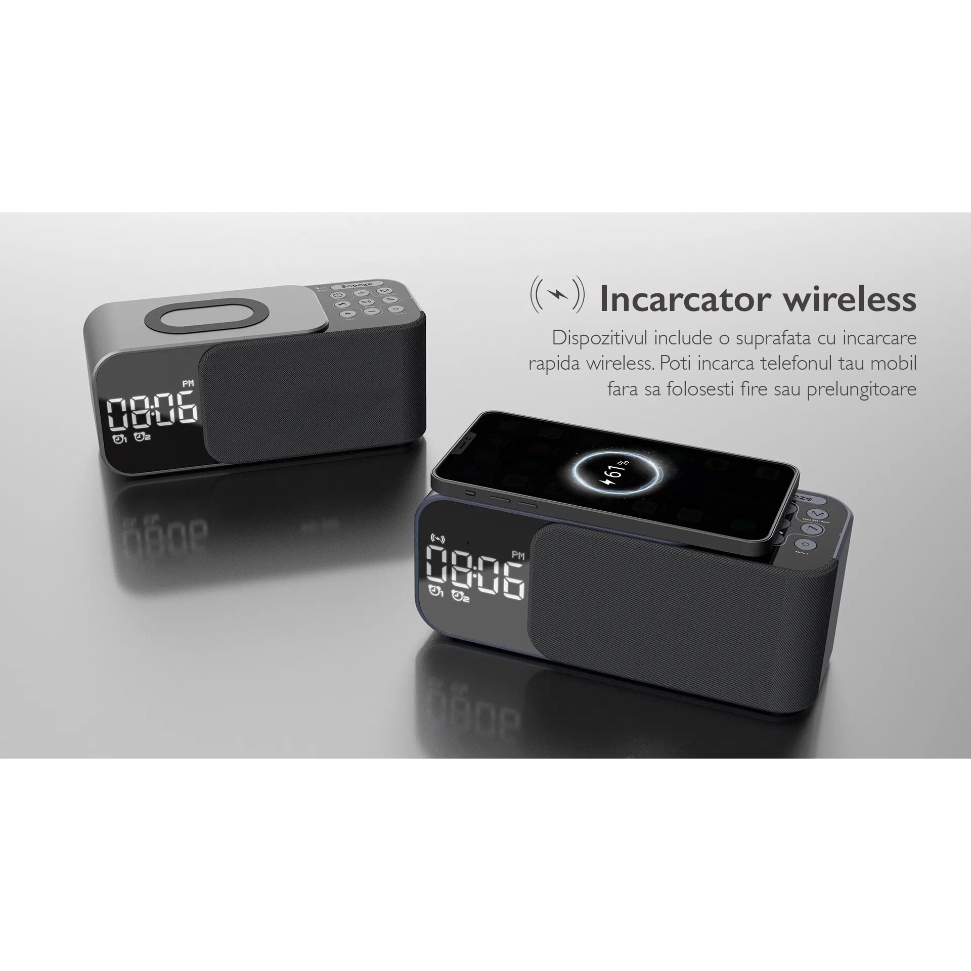 Radio cu ceas si incarcare wireless telefon 15W TechONE Night Buddy Pro