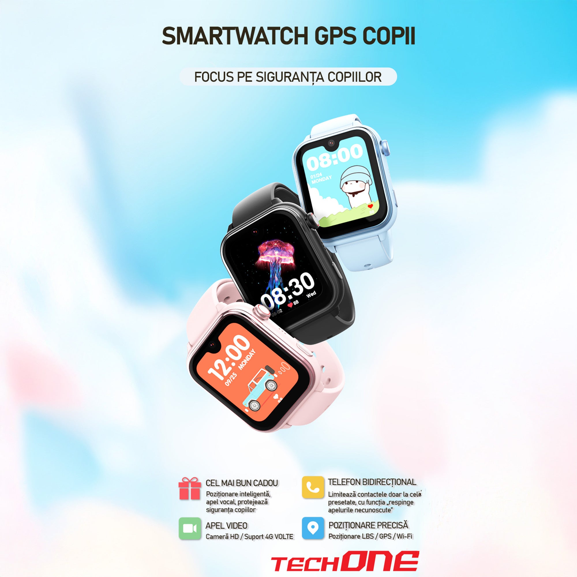 Ceas Smartwatch GPS Copii Cu Localizare Si Telefon Techone KT37, Albastru