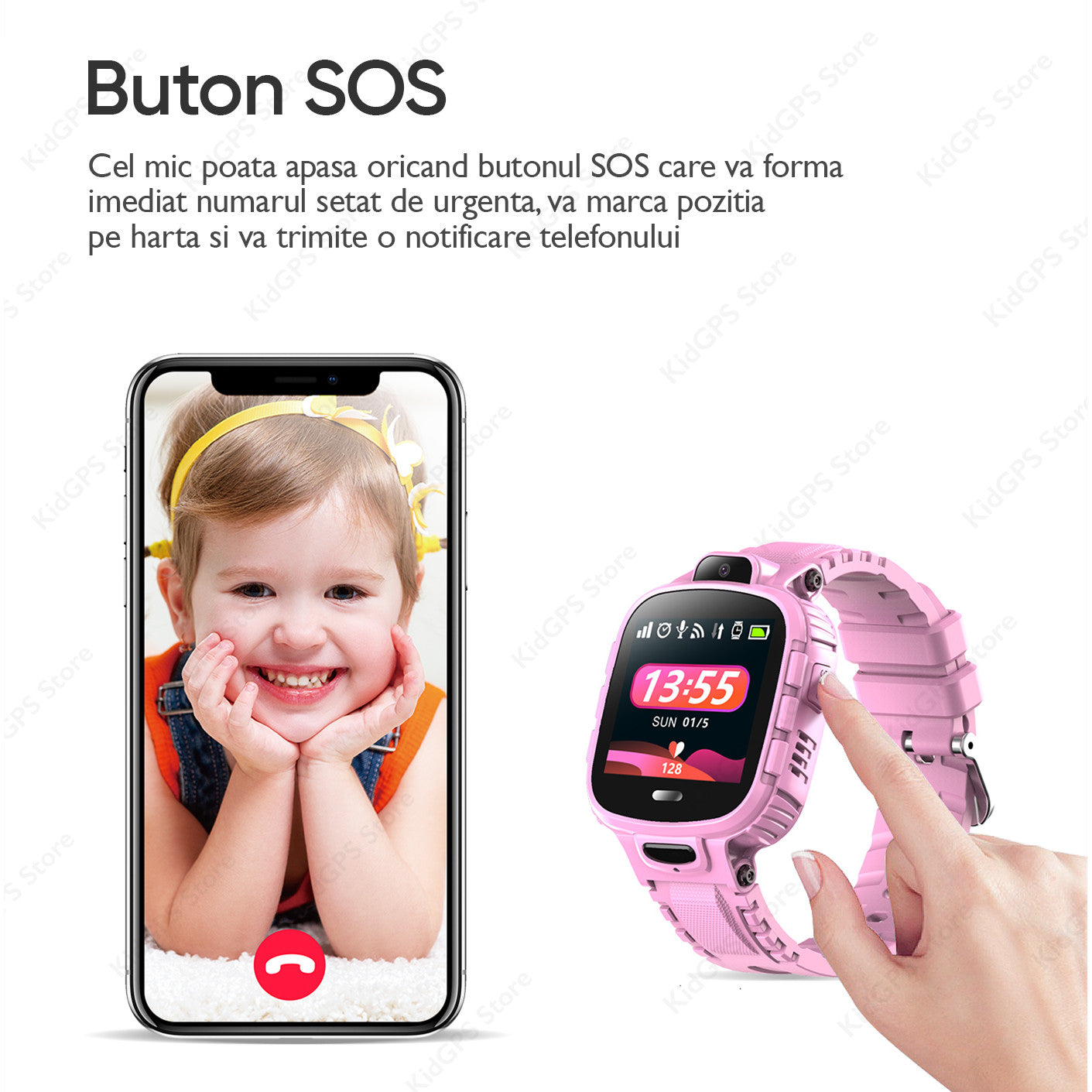 Ceas smartwatch copii GPS TechONE TD26, Roz