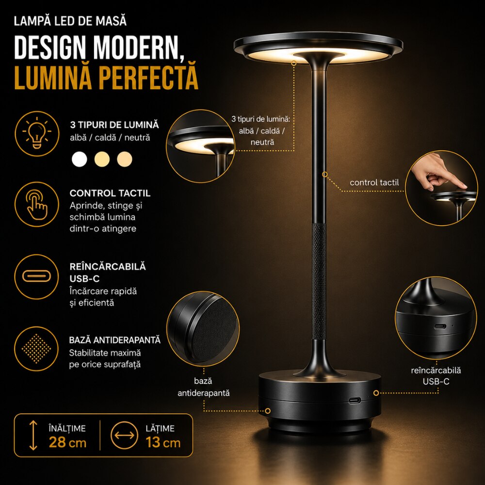 Lampa Led de Masa Huerler MoonGlow, Negru
