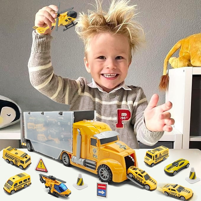Set Tir Auto Trailer cu Masinute De Jucarie Pentru Copii, KidProtect® Camionel Express, Galben