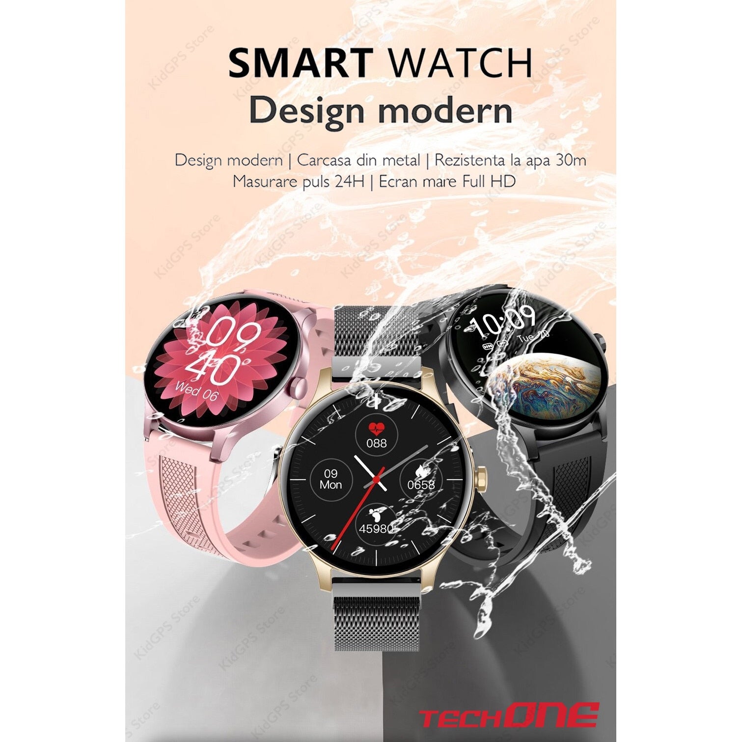 Ceas smartwatch si bratara fitness femei TechONE NY20, Roz