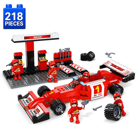 Set de Constructie cu Piese Tip Blocuri Constructie 218 Piese MiniBric Speedy Pit Stop