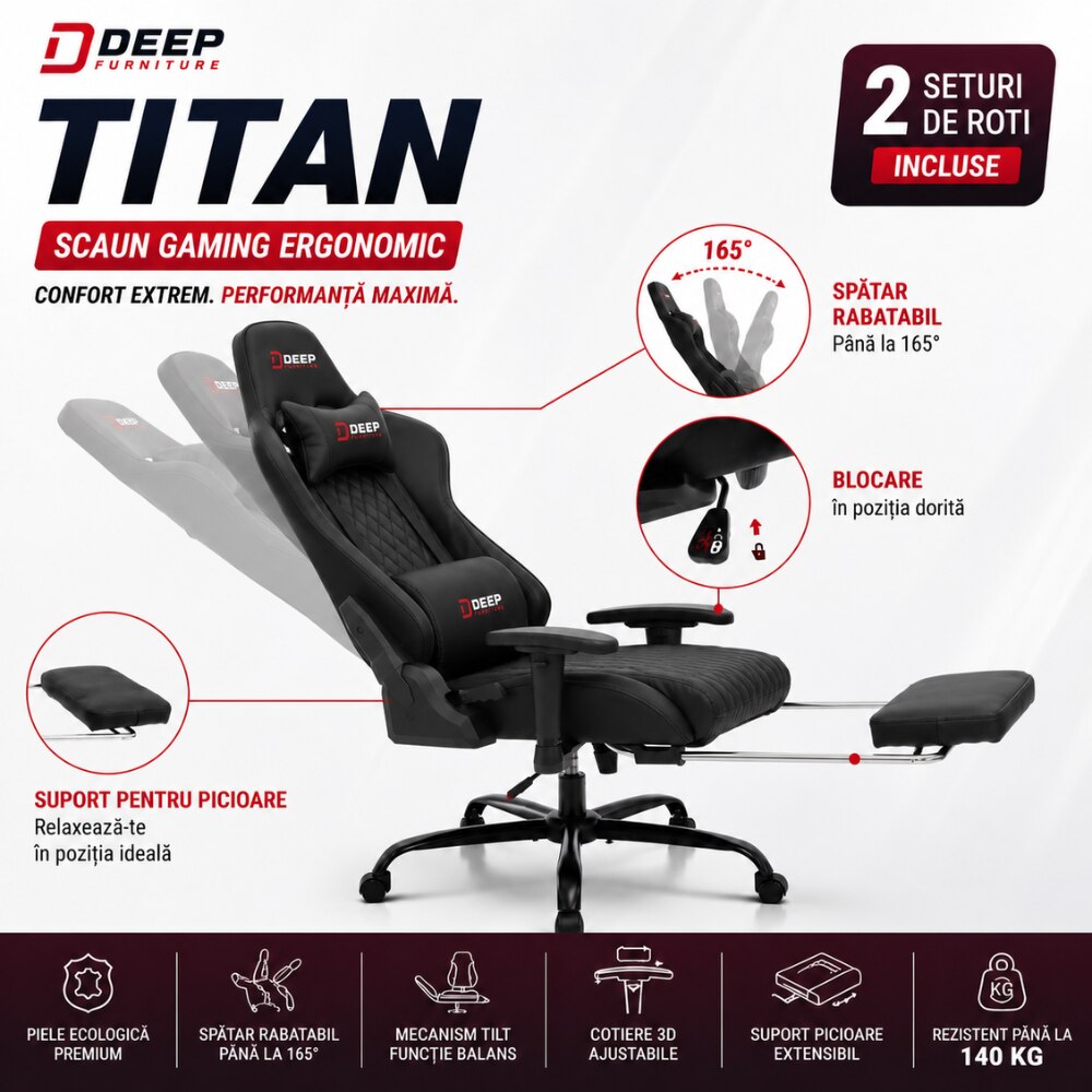 Scaun Gaming Ergonomic KD Home Deep Titan, Negru