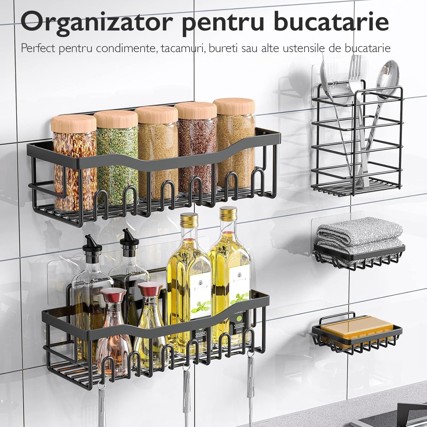 Raft de Dus, Baie si Bucatarie Set 5 Bucati, Topaqua® AquaTidy, Negru
