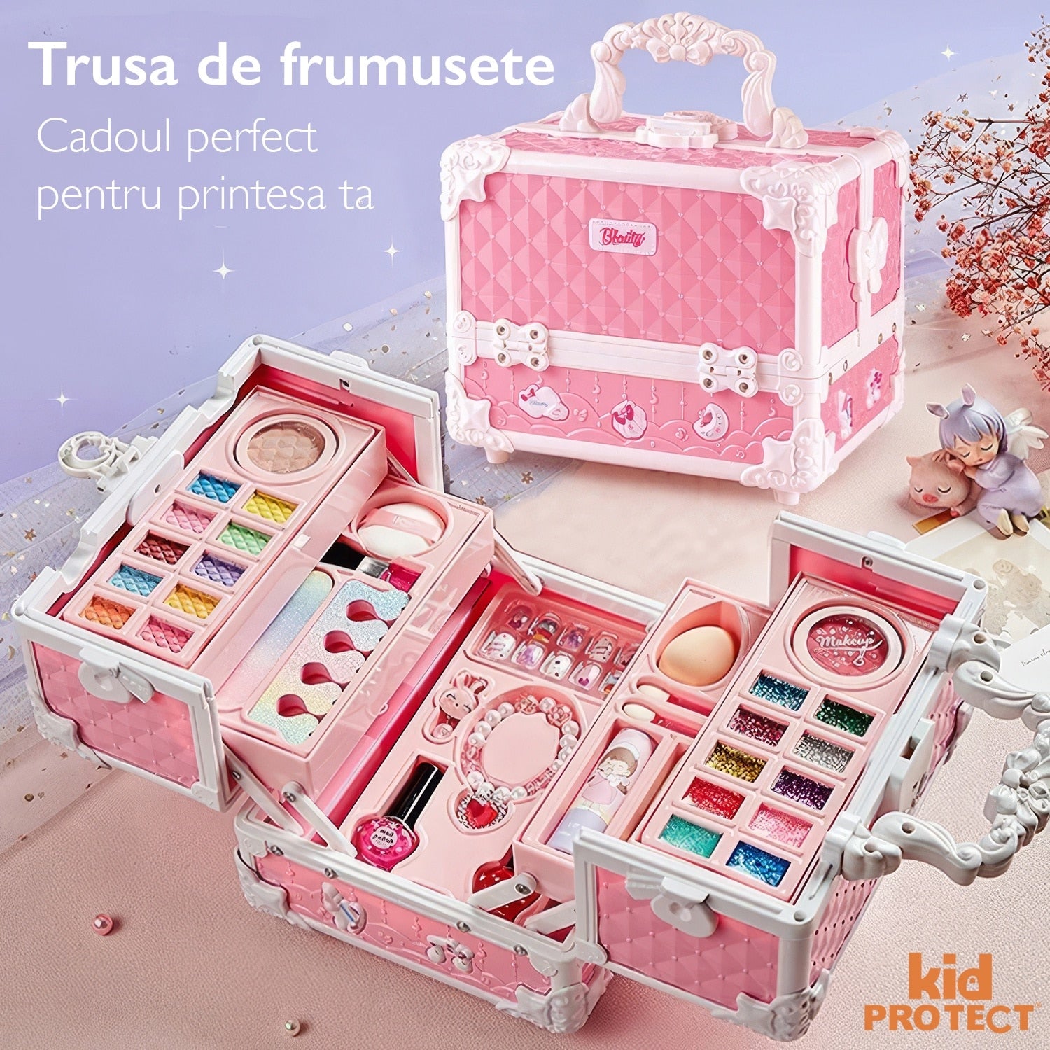 Trusa Machiaj Copii Kidprotect® Make Up Doll, Roz