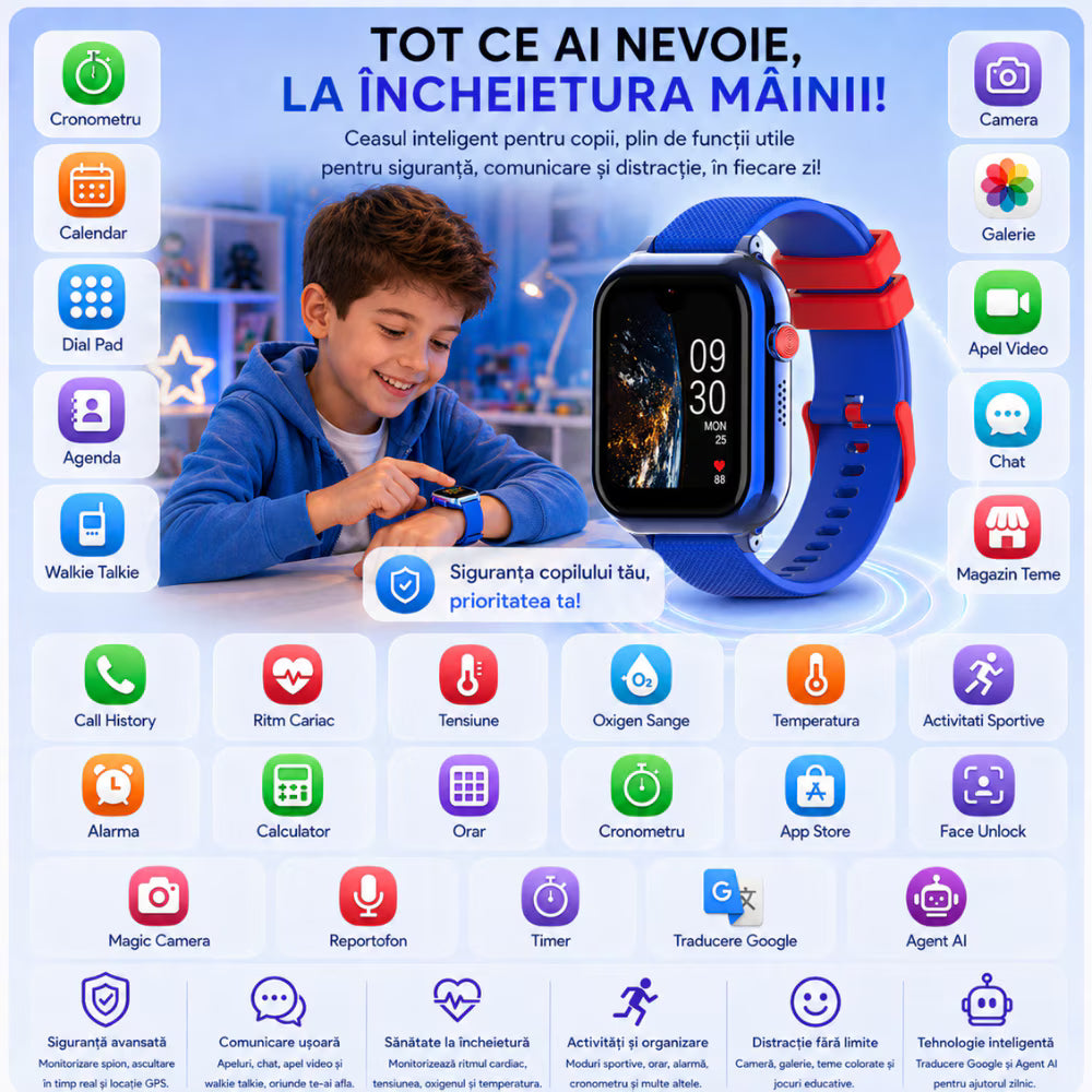 Ceas Smartwatch Copii Si Telefon Techone KT38, Albastru
