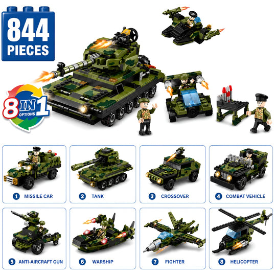 Set de Constructie cu Piese Tip Blocuri Constructie 844 Piese MiniBric 8 in 1 Combat Vehicles