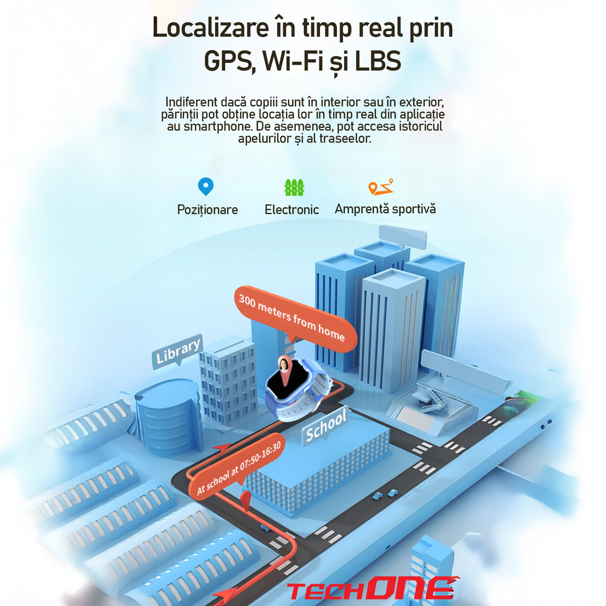 Ceas Smartwatch GPS Copii Cu Localizare Si Telefon Techone KT37, Albastru