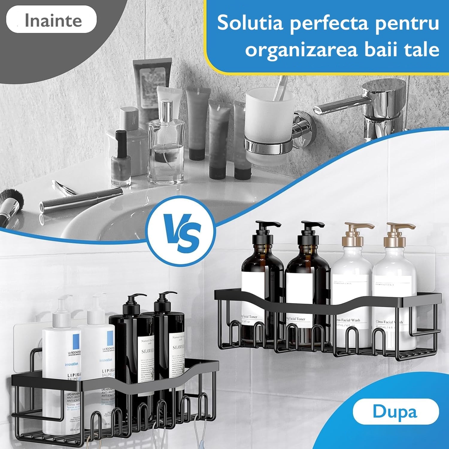 Raft de Dus, Baie si Bucatarie Set 5 Bucati, Topaqua® AquaTidy, Negru