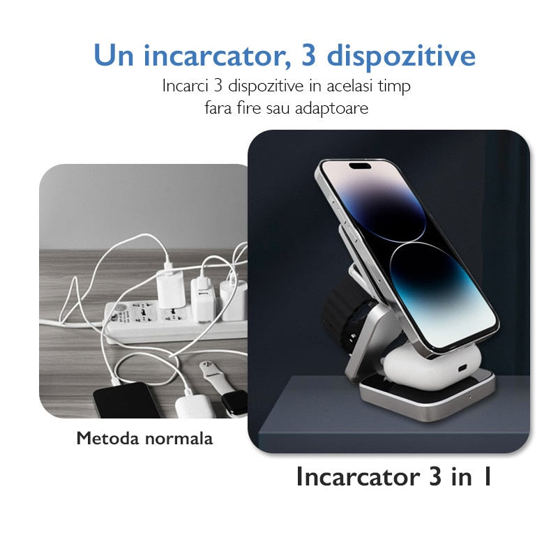 Statie incarcare wireless 3 in 1 universal pliabil Loowoko® PB11