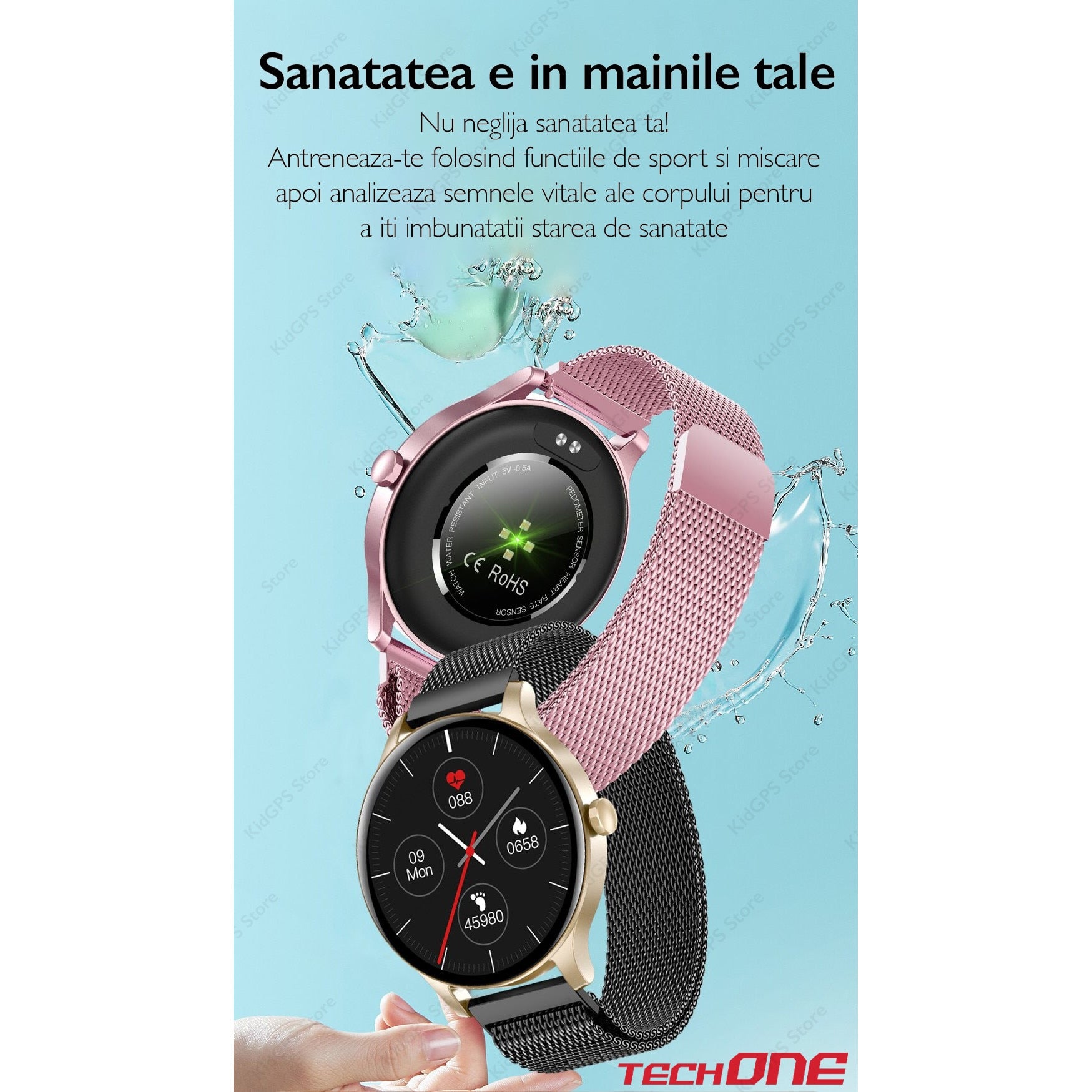 Ceas smartwatch si bratara fitness femei TechONE NY20, Roz