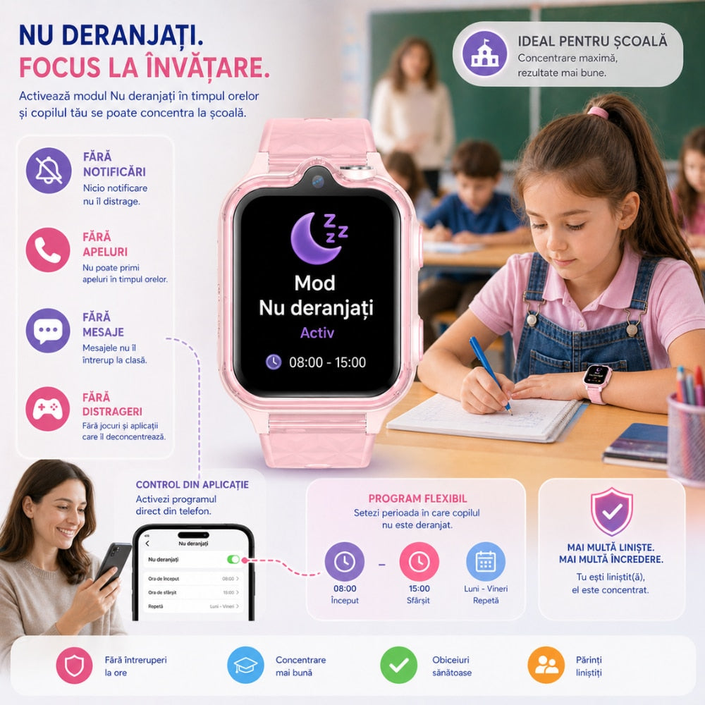 Ceas Smartwatch Copii Si Telefon Techone KT42, Roz