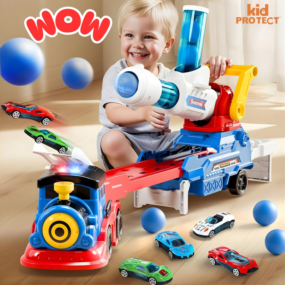Set Tren cu Remorca Camion De Jucarie Lansator Masinute si Bile Pentru Copii Transport, KidProtect Train Puncher