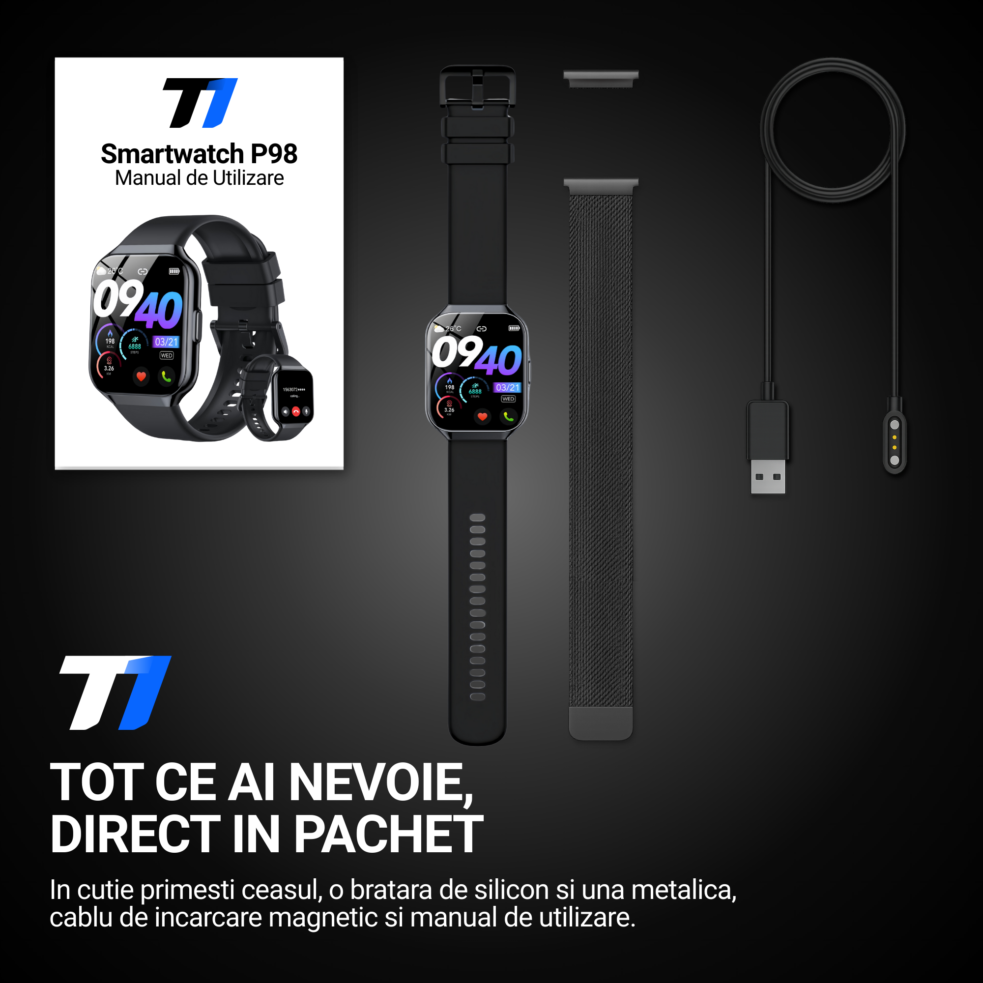 Ceas Smartwatch Barbati TechONE VitaSense Pro, Negru