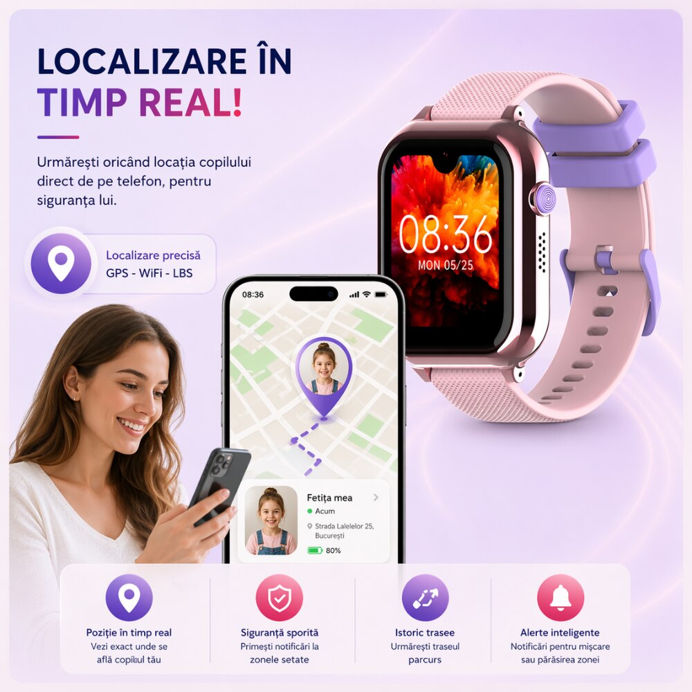 Ceas Smartwatch Copii Si Telefon Techone KT38, Roz