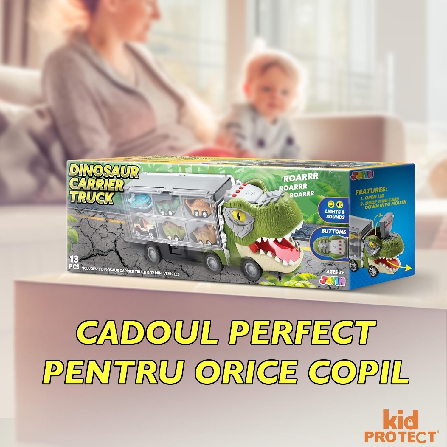 Set Camion Tit De Jucarie Pentru Copii Transport, KidProtect® DinoHaul Car Carrier, 3 ani+