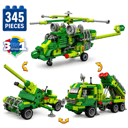 Set de Constructie cu Piese Tip Blocuri Constructie 345 Piese MiniBric 3 in 1 Battle Field Vehicle