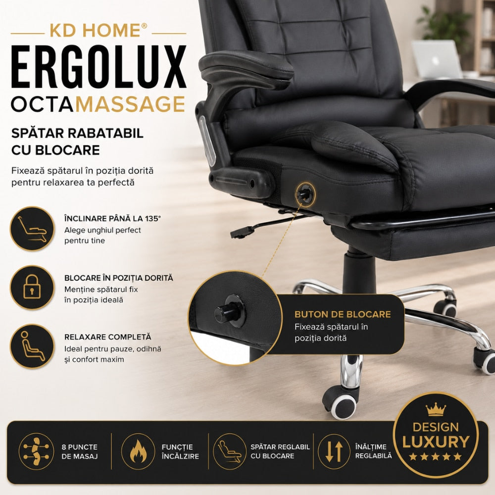 Scaun de Birou Directorial Cu Masaj KD Home Ergolux OctaMassage, Negru