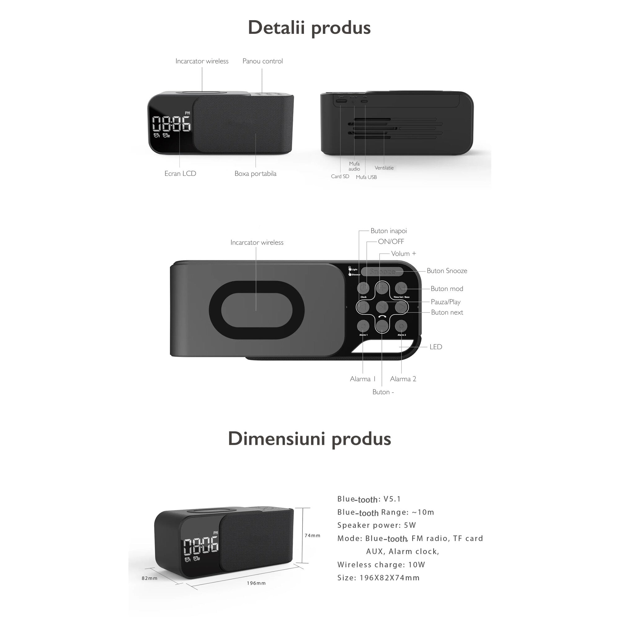 Radio cu ceas si incarcare wireless telefon 15W TechONE Night Buddy Pro