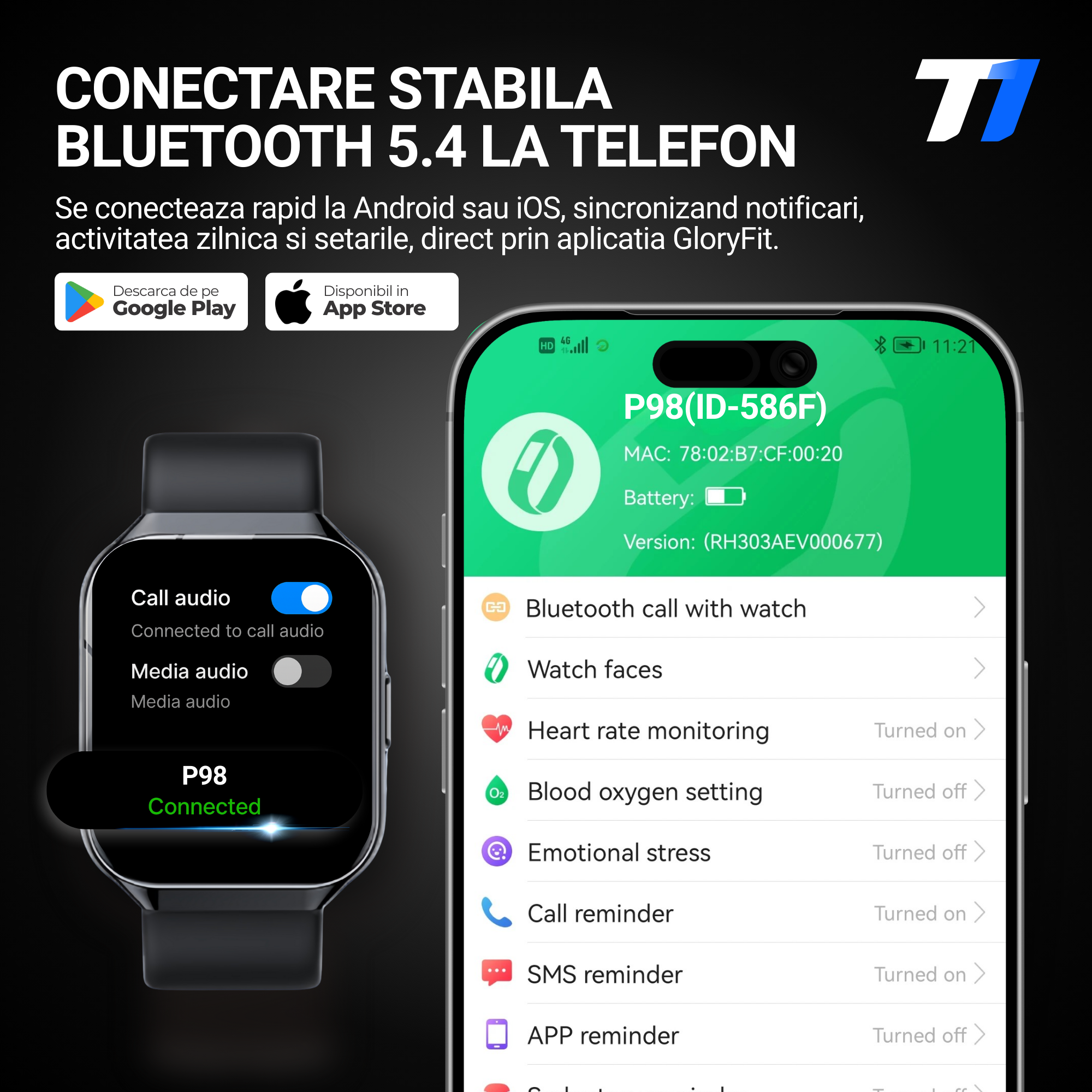 Ceas Smartwatch Barbati TechONE VitaSense Pro, Negru
