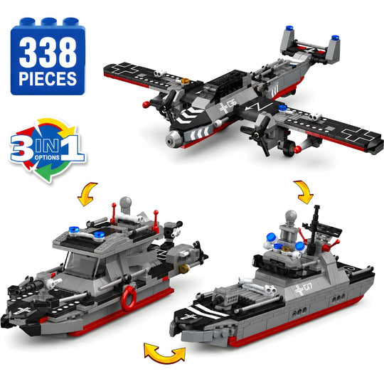 Set de Constructie cu Piese Tip Blocuri Constructie 338 Piese MiniBric 3 in 1 Military Boat