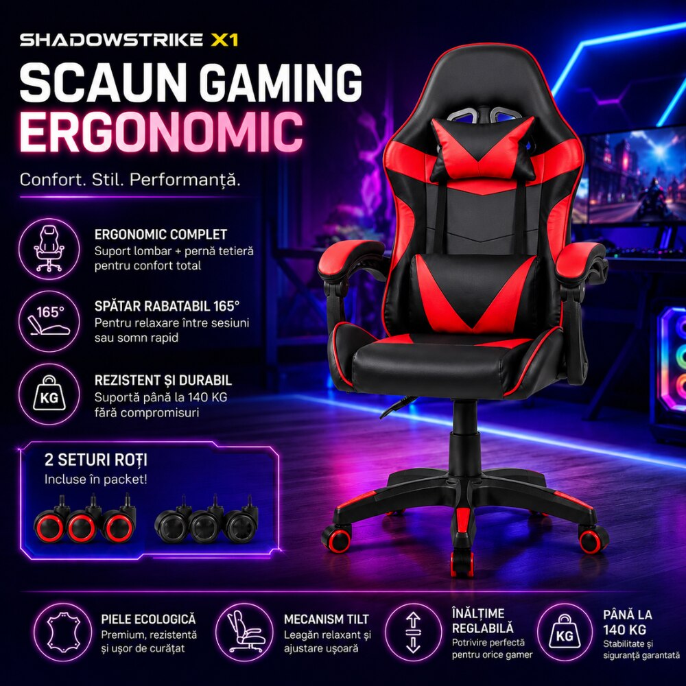 Scaun Gaming Ergonomic KD Home ShadowStrike X1, Rosu