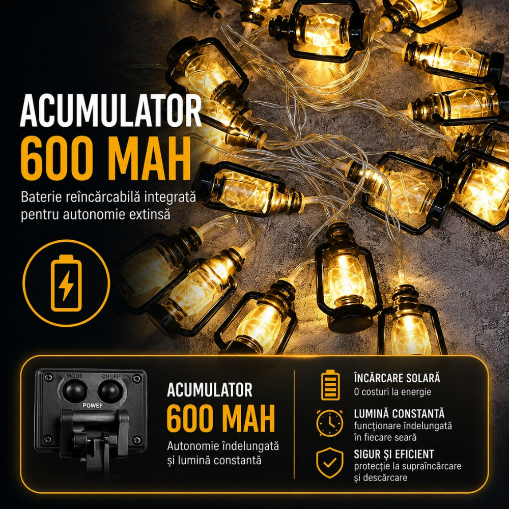 Lampa Solara Tip Ghirlanda cu 30 de Becuri Techone SolarSpark, Negru