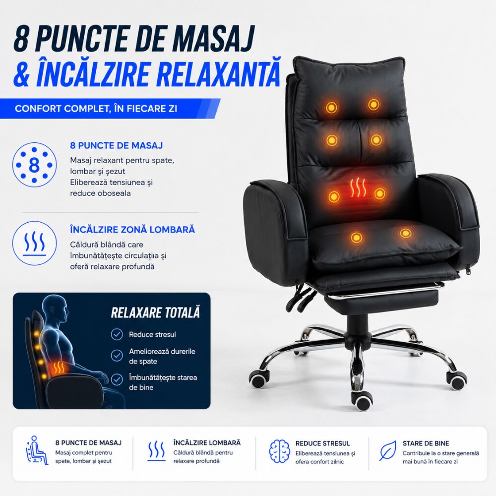 Scaun de Birou Directorial Cu Masaj KD Home CEO UltraComfort 8, Negru
