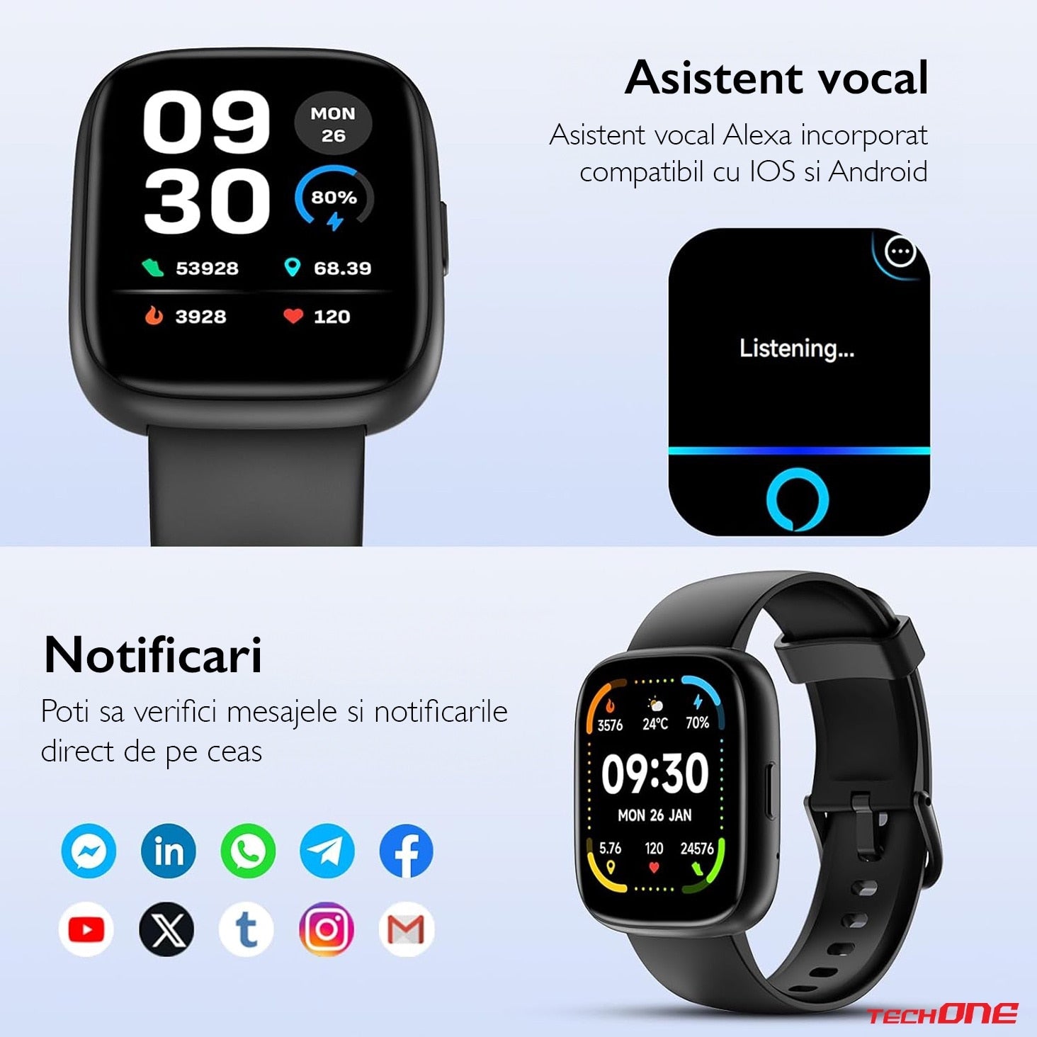 Ceas Smartwatch Barbati TechONE® Aero Track, Negru