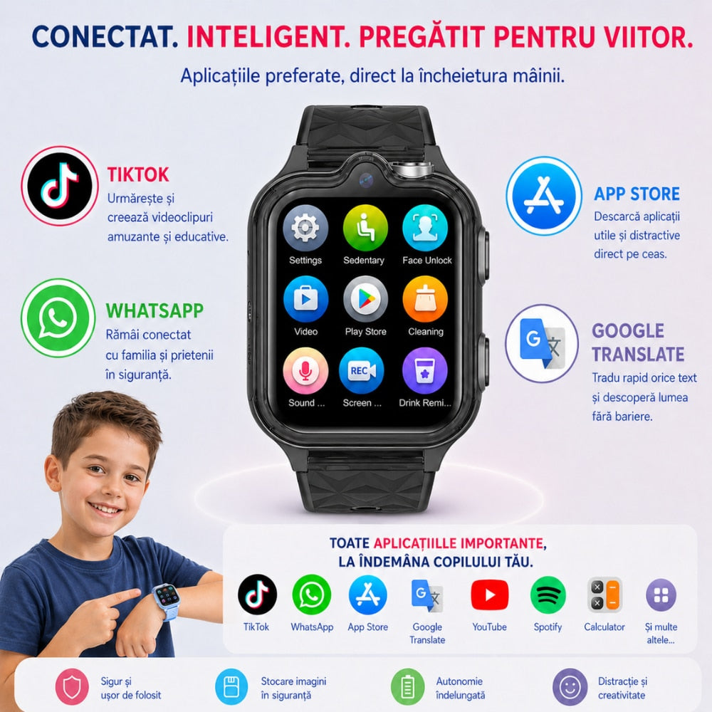 Ceas Smartwatch Copii Si Telefon Techone KT42, Negru