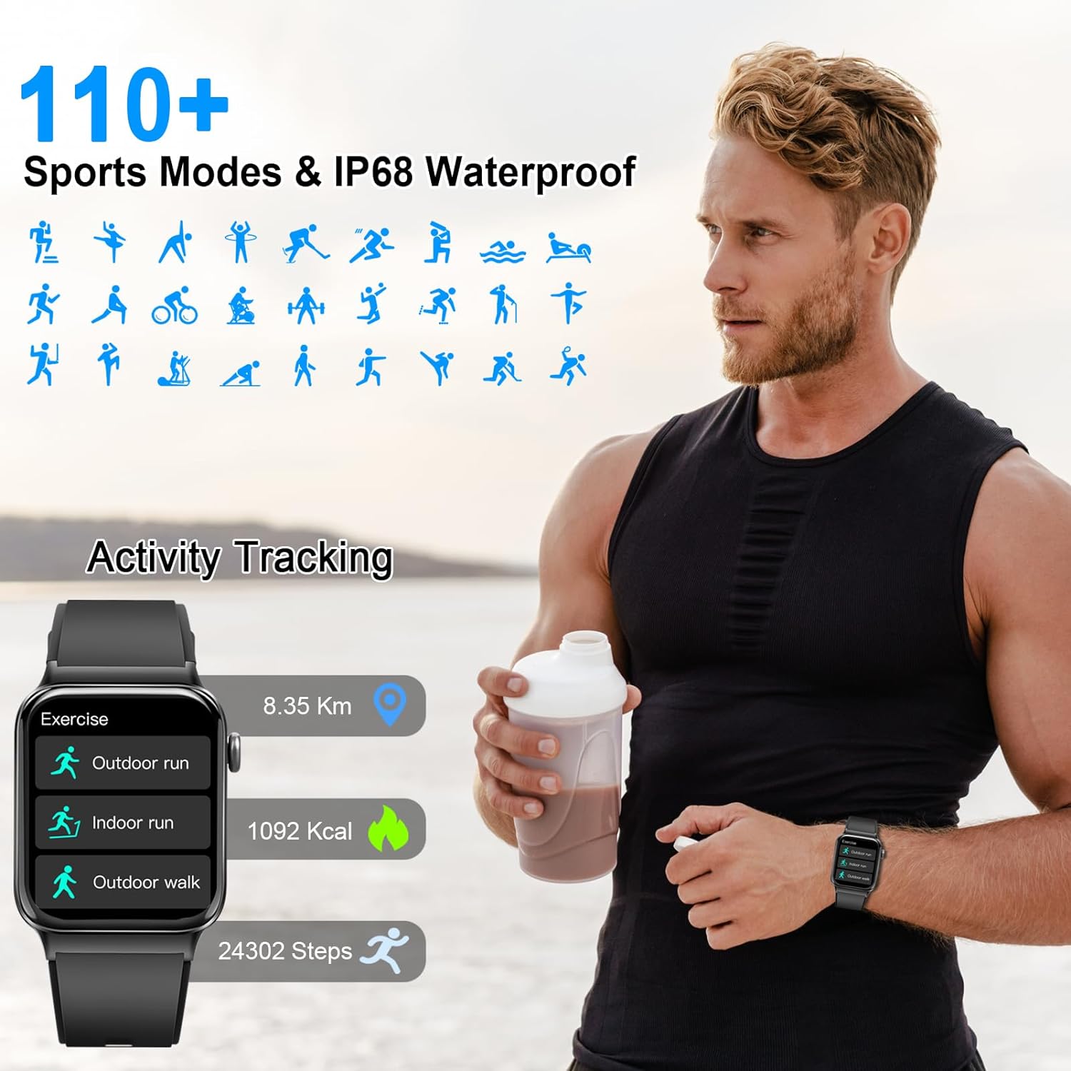 Ceas Smartwatch Barbati TechONE® Zen Wrist,  Negru