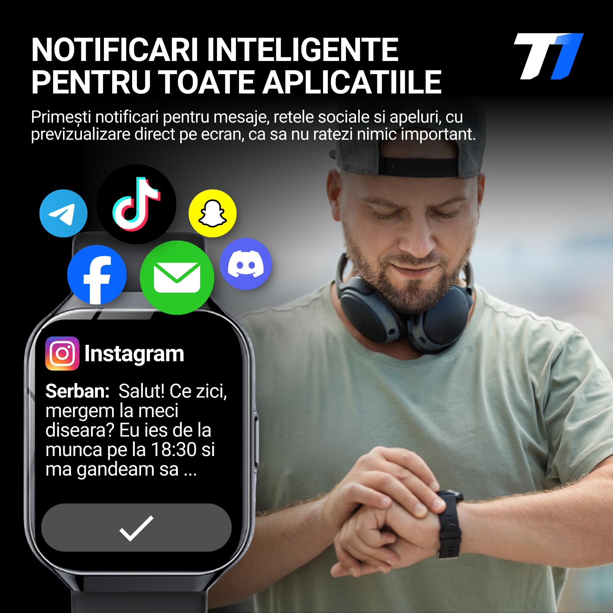 Ceas Smartwatch Barbati TechONE VitaSense Pro, Negru