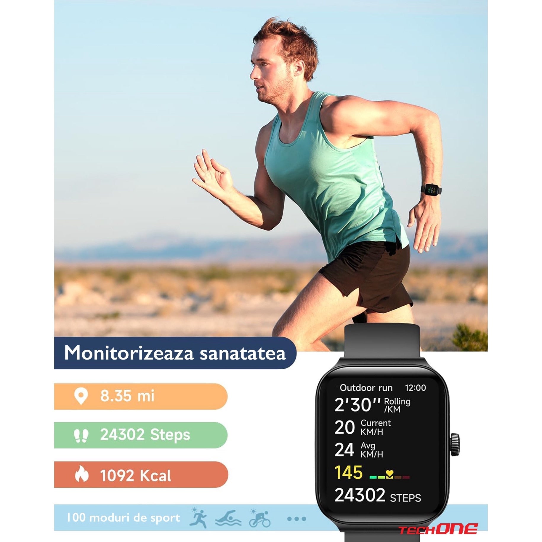 Ceas Smartwatch Barbati TechONE® Vita Pulse, Negru