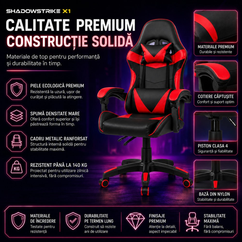 Scaun Gaming Ergonomic KD Home ShadowStrike X1, Rosu
