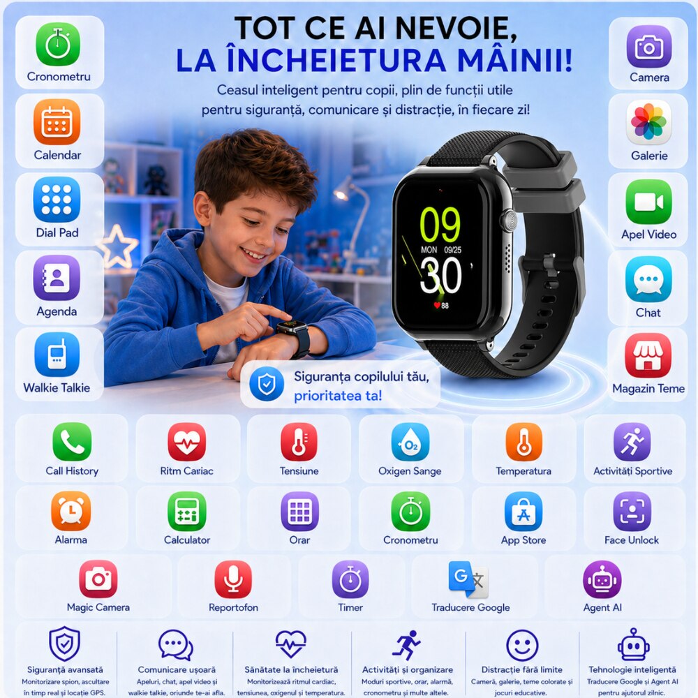 eas Smartwatch Copii Si Telefon Techone KT38, Negru