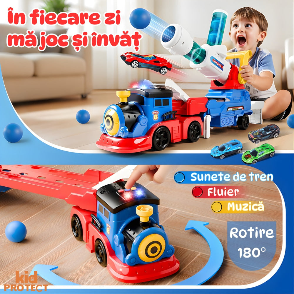 Set Tren cu Remorca Camion De Jucarie Lansator Masinute si Bile Pentru Copii Transport, KidProtect Train Puncher