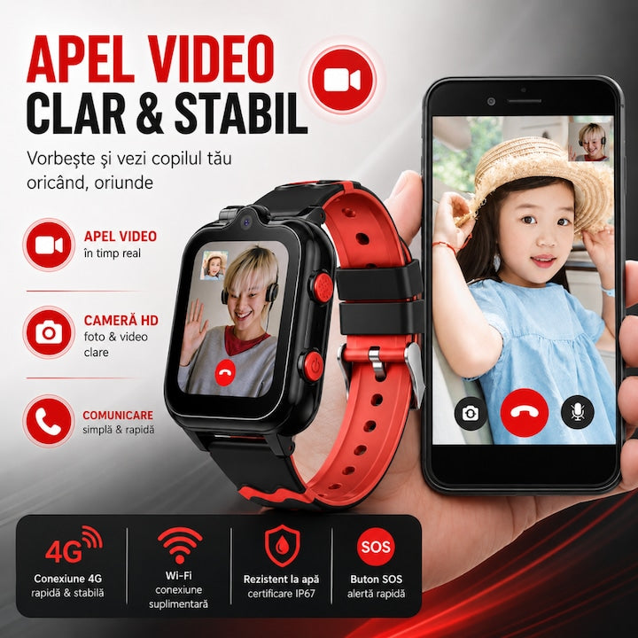 Ceas smartwatch GPS copii cu localizare si telefon Techone KT18, Negru