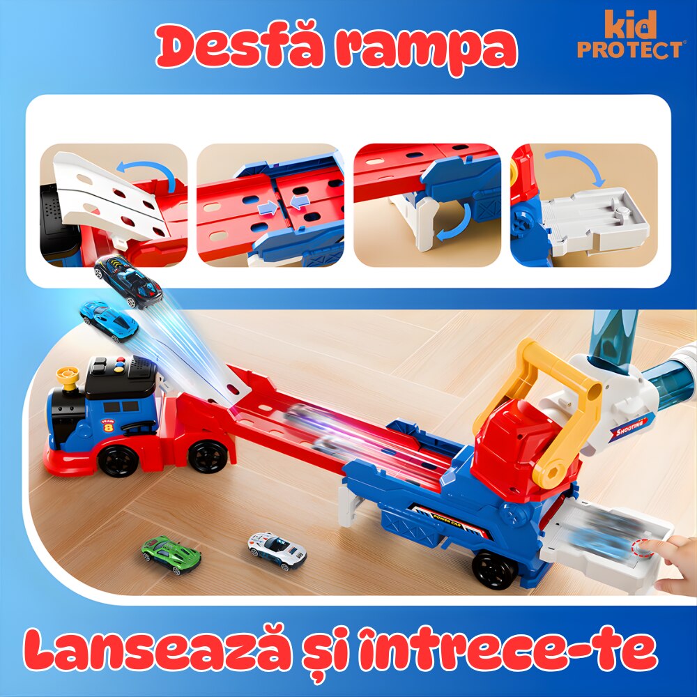 Set Tren cu Remorca Camion De Jucarie Lansator Masinute si Bile Pentru Copii Transport, KidProtect Train Puncher