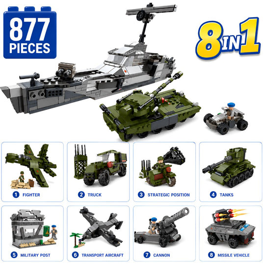 Set de Constructie cu Piese Tip Blocuri Constructie 877 Piese MiniBric 8 in 1 Main Battle Tanks