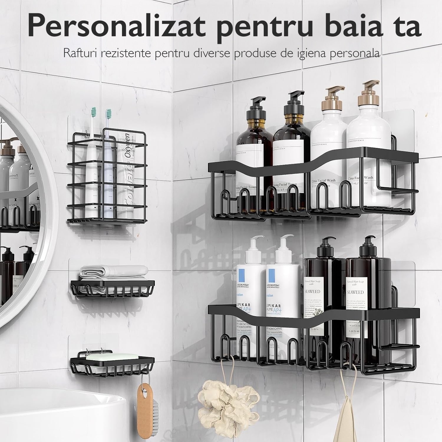 Raft de Dus, Baie si Bucatarie Set 5 Bucati, Topaqua® AquaTidy, Negru
