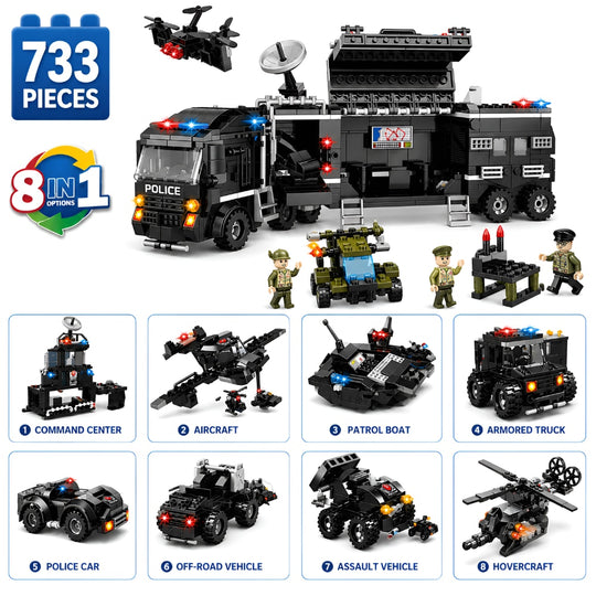 Set de Constructie cu Piese Tip Blocuri Constructie 733 Piese MiniBric 8 in 1 Police Command Center